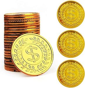 TCOTBE Pirate Gold Coins Plastic Set of 100,Play Gold Treasure Coins for Play Favor Party Supplies, Pirate Party, Treasure Hunt Game and Party Favors