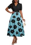 MarryUP Womens Midi Dresses V Neck Cocktail Church Tea Dresses Short Sleeve A-Line Swing Dresses with Pockets, Blue Black Flower, Large