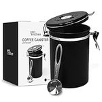 joeji's Kitchen Coffee Beans Storage Container Jar - 1800ml Stainless Steel Coffee Canister and Measuring Scoop & Date Dial - Keeps Coffee Grounds Fresh and Air Tight - Black