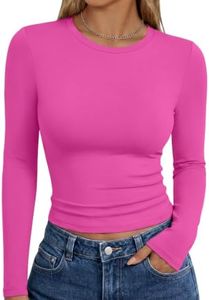 Trendy Queen Womens Long Sleeve Shirts Basic Crop Tops Tight Slim Fit Cute Teen Girls Fall Winter Y2k Clothes Hot Pink XS