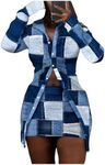 MakeMeChic Women's 2 Piece Outfit Plaid Colorblock Collared Button Down Shirt and Bodycon Skirt Set Blue Large