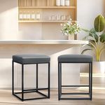 ALPHA HOME 24 Inch Counter Height Bar Stools Set of 2, Upholstered Bar Stools for Kitchen Island, Counter Stools with Faux Leather Cushion and Sturdy Metal Frame, Modern Barstools, Grey