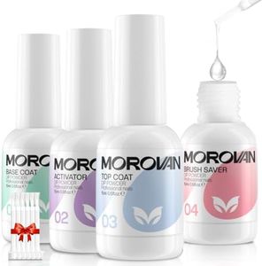 Morovan Dip Powder Liquid Set with Activator Base Top Coat and Dipping Powder Brush Saver 4pcs 0.5oz for Dip Powder Nail Kit