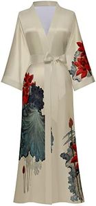 Women's Long Silk Robes Long Satin Robes Long Kimono Robes Floral Silky Bathrobes Dressing Gown, One Size, Lotus Leaf, One size