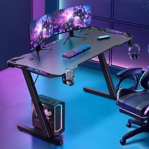 Furb 120cm RGB Gaming Desk with LED Lights, Black PC Computer Desk Z Shaped Ergonomic Home Office Desk, Carbon Fibre Texture Gaming Table Workstation with Cup Holder Headphone Hook