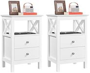 Yaheetech 2pcs Bedside Tables, White Nightstand Cabinet with X Shaped Design, Set of 2 Wooden Sofa Side Table with Drawers and Shelf for Living Room/Bedroom/Small Space, 30×40×60cm, White