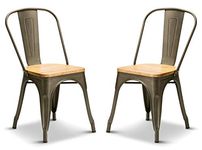 Your Price Furniture.com Set of 2 Gun Metal With Oak Wood Seat Industrial Dining Chairs Stacking Retro Style Kitchen Vintage Seat For Home, Bistros and Cafes