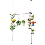 BAOYOUNI Indoor Plant Pole Stand Double Tension Rods Flower Pot Storage Shelf Holders Floor to Ceiling Display Rack Hanger with 12 Trays, 2 Hooks & 1 Telescopic Rod for Clothes Drying, Grey