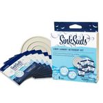 SinkSuds Travel Laundry Detergent Liquid Soap + Odor Eliminator for All Fabrics Including Delicates, (TSA Compliant), 6 Sink Packets (0.25 fl oz each) + 4in Stopper, White