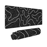 Topographic Map Mouse Pad Black White Large Gaming Mouse Pad XL Mousepad Big Desk Mat with Non-Slip Rubber Base Stitched Edges 31.5" X 11.8" Mouse Mat and Keyboard Pad for Gaming and Office