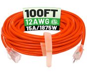 100 ft 12/3 Outdoor Extension Cord Waterproof Heavy Duty with Lighted Indicator End 12 Gauge 3 Prong, Flexible Cold-Resistant Long Power Cord Outside, 15Amp 1875W SJTW Orange ETL Listed POWGRN