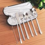 UMAI Portable 7-Piece Stainless Steel Food-Grade Utensil Set - Travel-Friendly | Camping Cutlery | Reusable | Easy to Carry | Ideal for All Occasions | Durable and Practical (Grey Cover)