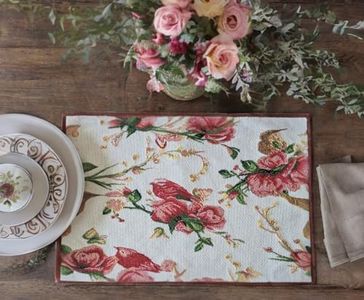 Tache Floral Red Christmas Placemat - Festive Red Roses Birds Deck The Halls Holiday Woven Tapestry Table Place mat Set of 4