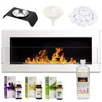 GMT - Bioethanol Eco Smokeless Fireplace White 90x40cm with Protective Glass - Indoor Decorative Wall mounted or recessed Fire Heater Chimney - Easy to Mount with Bio Liquid Fuel & Stones & Aroma Oils