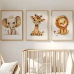 Safari Nursery Prints | Jungle Wall Art Decor Posters Suitable for Baby Boys & Girls Nursery or Bedroom | Animal Prints (Set of 3 - Lion, Giraffe, Elephant)