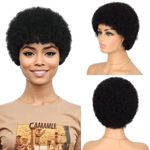 Fereowth Afro Kinky Curly Human Hair Short Wigs for Women, Human Hair Pixie Cut Natural Looking Glueless Hair Wig Full and Fluffy No Lace Wig Black Color 1B