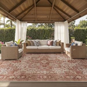 GENIMO Outdoor & Indoor Area Rug 10'x14', Waterproof, Non-Shedding, Easy Cleaning, Boho Mat for Patio, Living Room, Balcony, Dining Room, RV, Deck, Bedroom, Camping, Outside Carpet,Brown Red