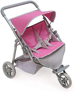 Badger Basket Trek Toy 3-Wheel Folding Twin Jogging Doll Stroller for 16 inch Dolls - Pink/Gray