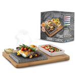 Artestia Double Cooking Stones Sizzling Hot Stone Set,Stainless Steel Tray,Bamboo Platter,Ceramic Side Dishes,Deluxe BBQ/Hibachi/Steak Grill (Deluxe Set with Two Stones on Bamboo Platter)