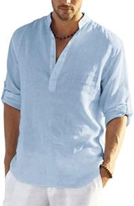 COOFANDY Men's Cotton Linen Henley Shirt Long Sleeve Hippie Casual Beach T Shirts Sky Blue