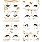 Konsait 8 Sheets Face Tattoo Sticker Metallic Temporary Transfer Tattoo Waterproof Face Jewels for Women Girls Make Up Dancer Costume Parties, Shimmer Glitter Gold Tattoos,Butterfly Star Freckle Scale