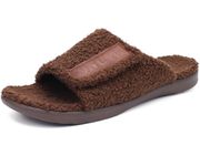 ONCAI Mens House Slippers with Arch Support, Open Toe Fur Slides with Orthopedic Footbed for Plantar Fasciitis, Indoor Outdoor Warm Slippers for Men with Adjustable Straps, Brown Size 9.5 UK