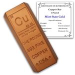 1 Pound Copper Bar Ingot Paperweight - 999 Pure Chemistry Element Design with Certificate of Authenticity by Mint State Gold