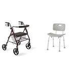 Medline Heavy Duty Rollator Walker with Seat, Bariatric Aluminum Rolling Walker Supports up to 400 lbs, Burgundy & Bath Chair with Back, Shower Chair has Height Adjustable Legs, Tool-Free Assembly