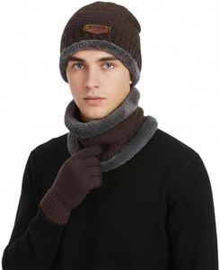 Winter Hat Scarf Gloves Set, 3-in-1 Knit Beanie with Fuzzy Lining, Touch Screen Mittens, Circle Scarf for Men Women (Coffee)