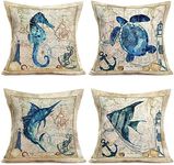 Xihomeli Beach Ocean Theme Cushion Case Blue Sea Horse Turtle Swordfish Angel Fish Throw Pillow Covers Retro Lighthouse Anchor Scallop Cotton Linen 18x18 Inch Set of 4 (4pc Sea Turtle)