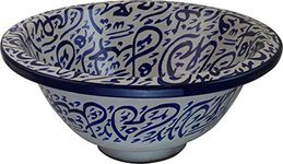 Blue Cobalt Calligraphy Hand Painted Moroccan Ceramic Bathroom Sink Basin - Round, Painted Inside Out - True Hand Painted Calligraphy Sink - Ø 30 H 14 cm