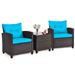 ORALNER 3 Pieces Wicker Patio Furniture Set, Outdoor Conversation Set Rattan Chairs with Soft Cushions, Glass Coffee Table, Bistro Set for Front Porch Balcony Garden Deck Poolside (Turquoise)