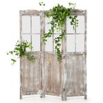 CASART 3 Panel Room Divider, Freestanding Folding Privacy Screen with Welded Mesh Window, 136 x 178cm Paulownia Wood Partition Screens for Bedroom Living Room Office