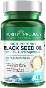 Purity Products High Potency Black Seed Oil - Double Strength + Cold Pressed - 3% Thymoquinone - 500 mg Black Cumin Seed Oil - Omega 6 + 9 Essential Fatty Acids - Easy to Swallow - 30 Mini Softgels