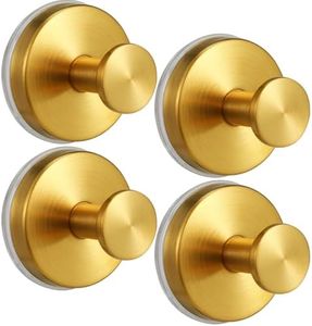 warlve Suction Cup Hooks No Drill Stainless Steel Shower Hooks Towel Hook Heavy Duty on Smooth and Non-Porous Surfaces in Bathrooms Kitchen Bedroom (4, Brushed Gold)