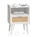 YAUKOMEL Nightstand with Charging Station, Side Table with Drawers, Rattan Furniture, Bed Side Table, End Table, Rattan Nightstand with Boho Desk for Living Room, White CAACTG58WE