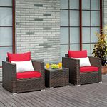 DEVOKO All Weather Resistant Rattan Wicker 3 Piece Outdoor Patio Bistro Set for Balcony, Garden, Lawn, Poolside (Dark Brown & Red)