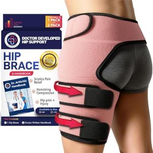 Doctor Developed Strengthening & Stabilizing Hip Brace for Men & Women - Hip Brace for Sciatica Pain Relief - Compression Wrap for Hip Pain - Hip Support Brace - Thigh Supports With Medical Handbook (L/XL, Pink, Left)