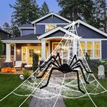 XHDA Halloween Giant Spider Web Decorations for Outside House, 79In Giant Spider and 276In Spider Web with 50g Spider Stretch Cobwebs and 30 Little Spider for Halloween Decor Outdoor