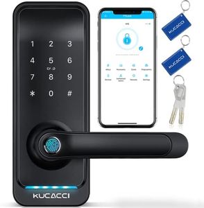 Kucacci Smart Door Lock with Handle: Keyless Entry Door Lock - Fingerprint Keypad Door Lock - Digital Door Lock - WiFi Smart Lock for Front Door - IP66 Weatherproof - Easy Installation(Black)