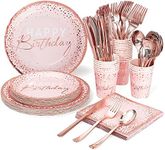 175PCS Happy Birthday Plates and Napkins Party Supplies, Paper Pink and Rose Gold Plastic Forks Knives Spoons Serve 25 Guests for Girl Women