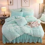 LIFEREVO Luxury Plush Shaggy Duvet Cover Set, Soft Velvet Fluffy Furry Duvet Cover Set(1 Faux Fur Fuzzy Comforter Cover + 2 Pom Poms Pillow Cases) Solid Bedding Set, Zipper Closure(Full/Queen, Mint)