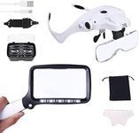 Magnifying Glasses Bundle Magnifier Pack – USB Rechargeable Hands Free Headband Magnifying Glasses with LED Light & Large Rectangular Handheld Folding Magnifying Glass with LED Light for Reading, Jewellery, Craft, Hobby, Seniors