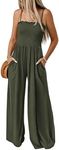 PRETTYGARDEN Women's Summer Jumpsuits Dressy Casual One Piece Outfits Linen Smocked Spaghetti Strap Pockets Wide Leg Rompers (Army Green,Medium)