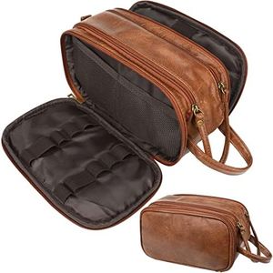 Water-Resistant Leather Toiletry Bag for Men, Large Travel Wash Bag Shaving Dopp Kit Bathroom Toiletries Makeup Organizer (Brown)