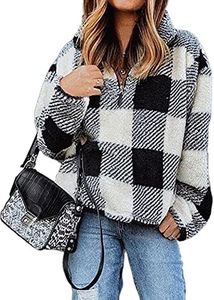 BTFBM Women Sherpa Pullover Quarter Zip Long Sleeve Fluffy Soft Fleece Jackets Sweaters Sweatshirts Hoodies Outwear Coat (Plaid Black, Medium)