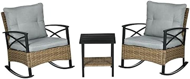 Outsunny 3 Pieces Rocking Chair Set, Outdoor PE Rattan Bistro Set with Padded Cushions, Rocker Chair Set and Two-tier Metal Plate Top Table for Garden, Light Grey
