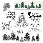 Merry Christmas Clear Silicone Stamps Decorative Xmas Theme Forest Christmas Tree Clear Rubber Scrapbooking Stamps with Sentiment for Card Making DIY Photo Album