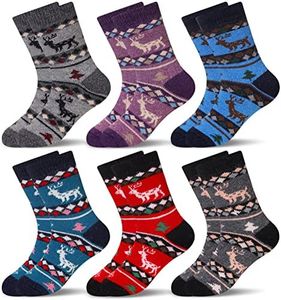 Eocom 6 Pairs Children's Winter Warm Wool Animal Crew Socks Kids Boys Girls Socks (6 Pairs Christmas Deer, 8-12 Years)