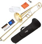 Mendini by Cecilio Bb Tenor Slide Trombone for Beginners - B Flat Brass Plated Trombone Instrument for Students with Tuner, Music Book, Hard Case, Mouthpiece, Cleaning Kit & Gloves (Gold)
